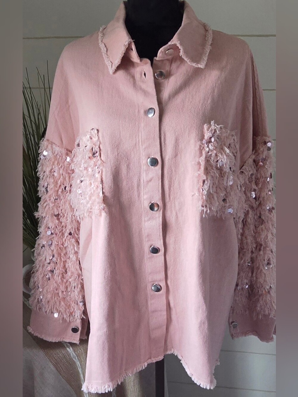 ChicMe POL Style Pink Oversized Sequin Shacket Boho Jacket Raw Hem Button Up Top